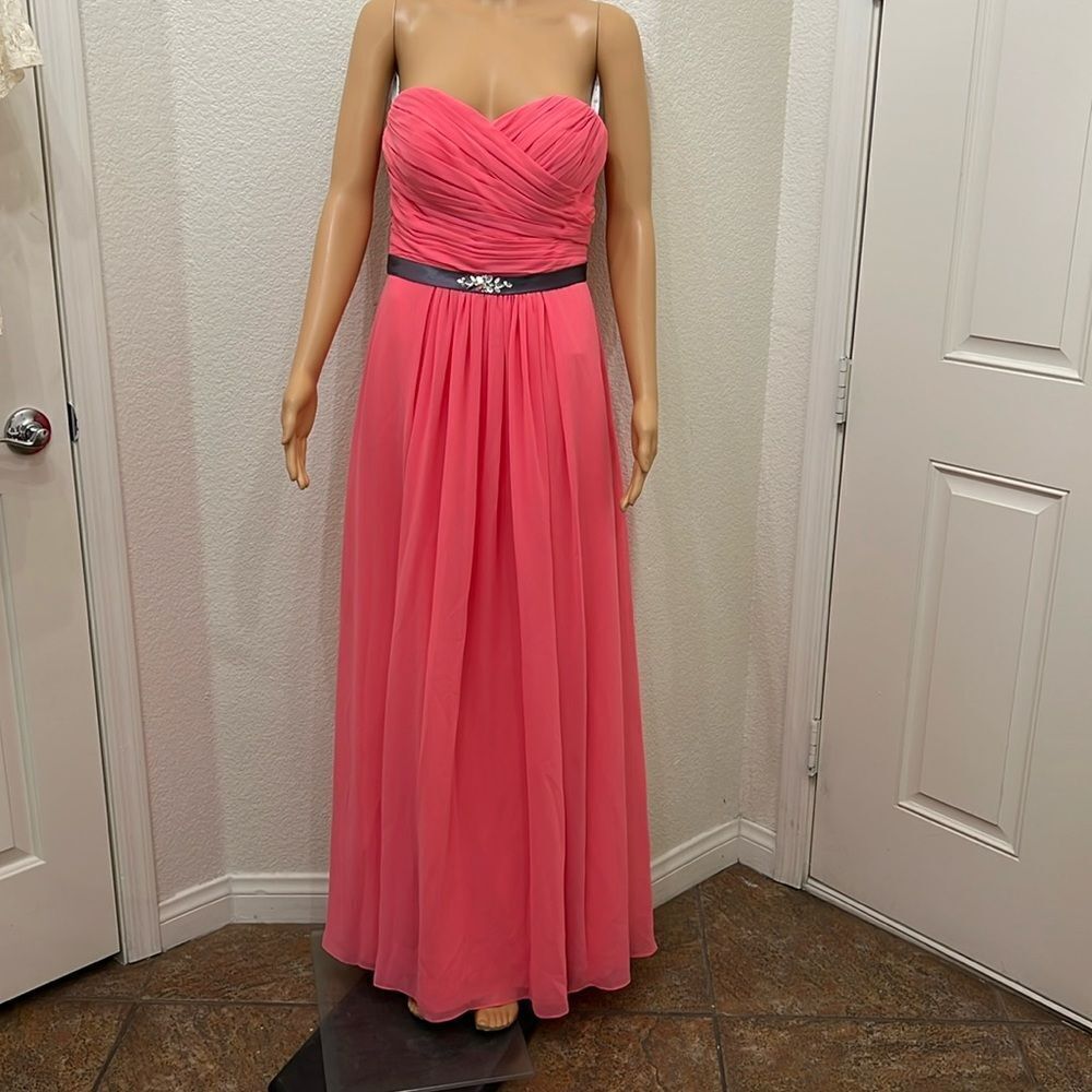 Bill Levkoff Orange Ruched Strapless Maxi Gown Sheer Gray Adorned Satin Tie Belt